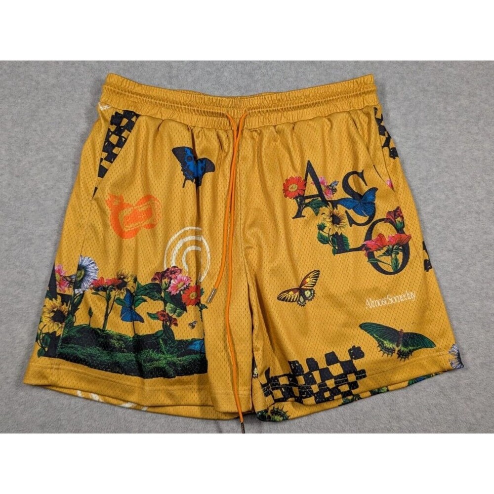 Almost Someday Men Shorts XL Floral Art Mesh Drawstring Retro Relax Fit‎